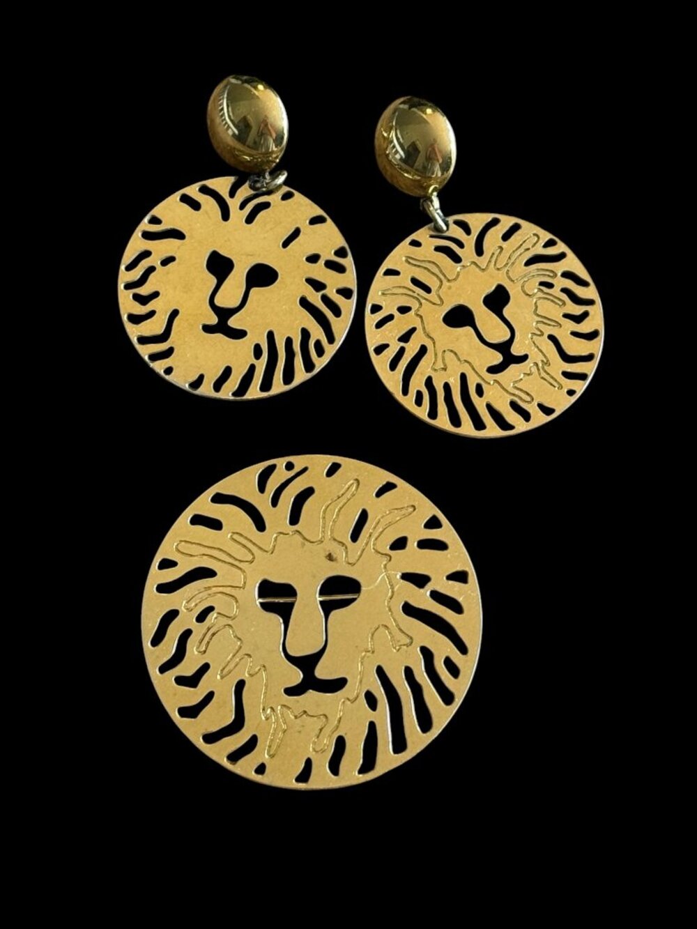 Anne Klein Vintage Lion Head Dangle Disk Earrings and Pin Jewelry Set Gold Tone